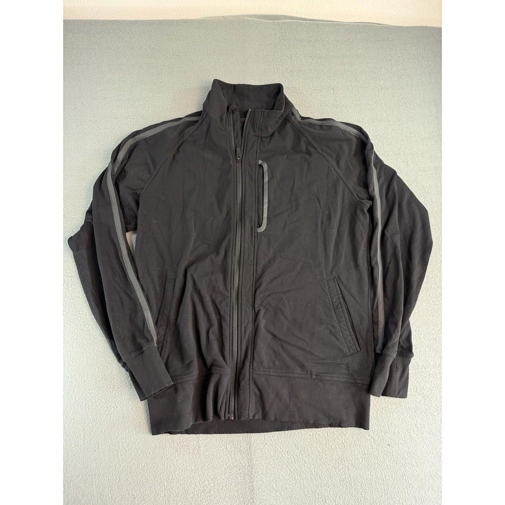 Lululemon Trainer Jacket Mens M Black Full Zip Track Stripe Knit Athletic Yoga